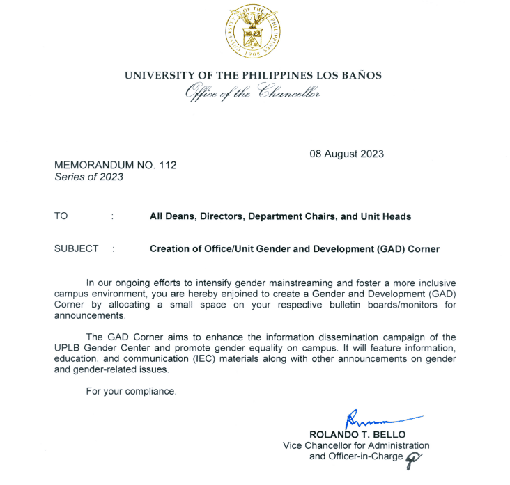 OC Memorandum No. 112 s.2023, Creation of Office_Unit Gender and Development (GAD) Corner